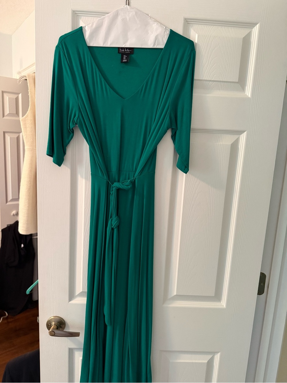 Nicole Miller Teal V-Neck Tie-Waist Midi Dress